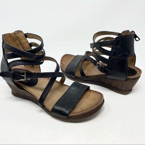 Miz Mooz Shay Black Sandal Leather Strap Buckle Wedge 38